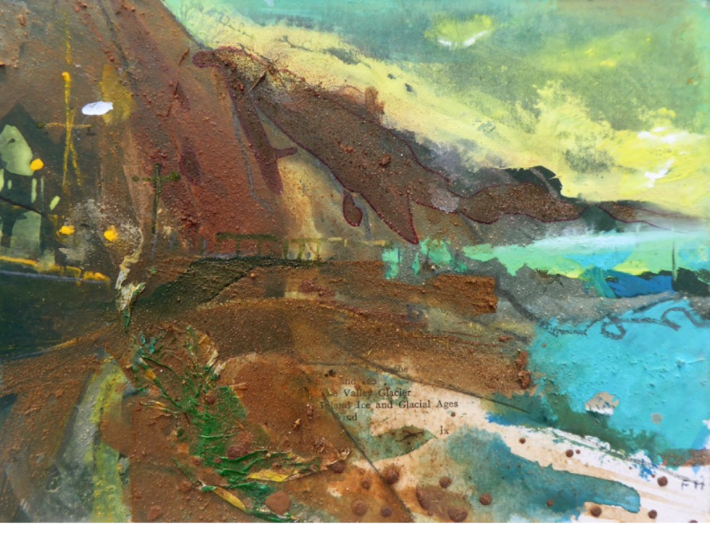 Esplanade Foil at Dawn, Sidmouth. Gouage, collage Mercia mudstone, Otter sandstone on card